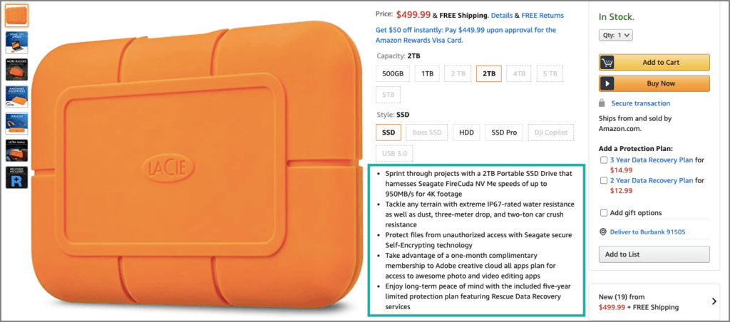 Image of features section in Amazon product listing